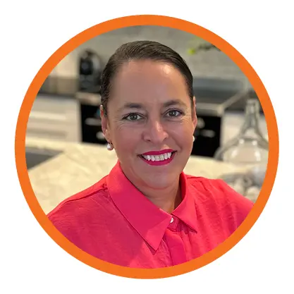 woman in red shirt smiling